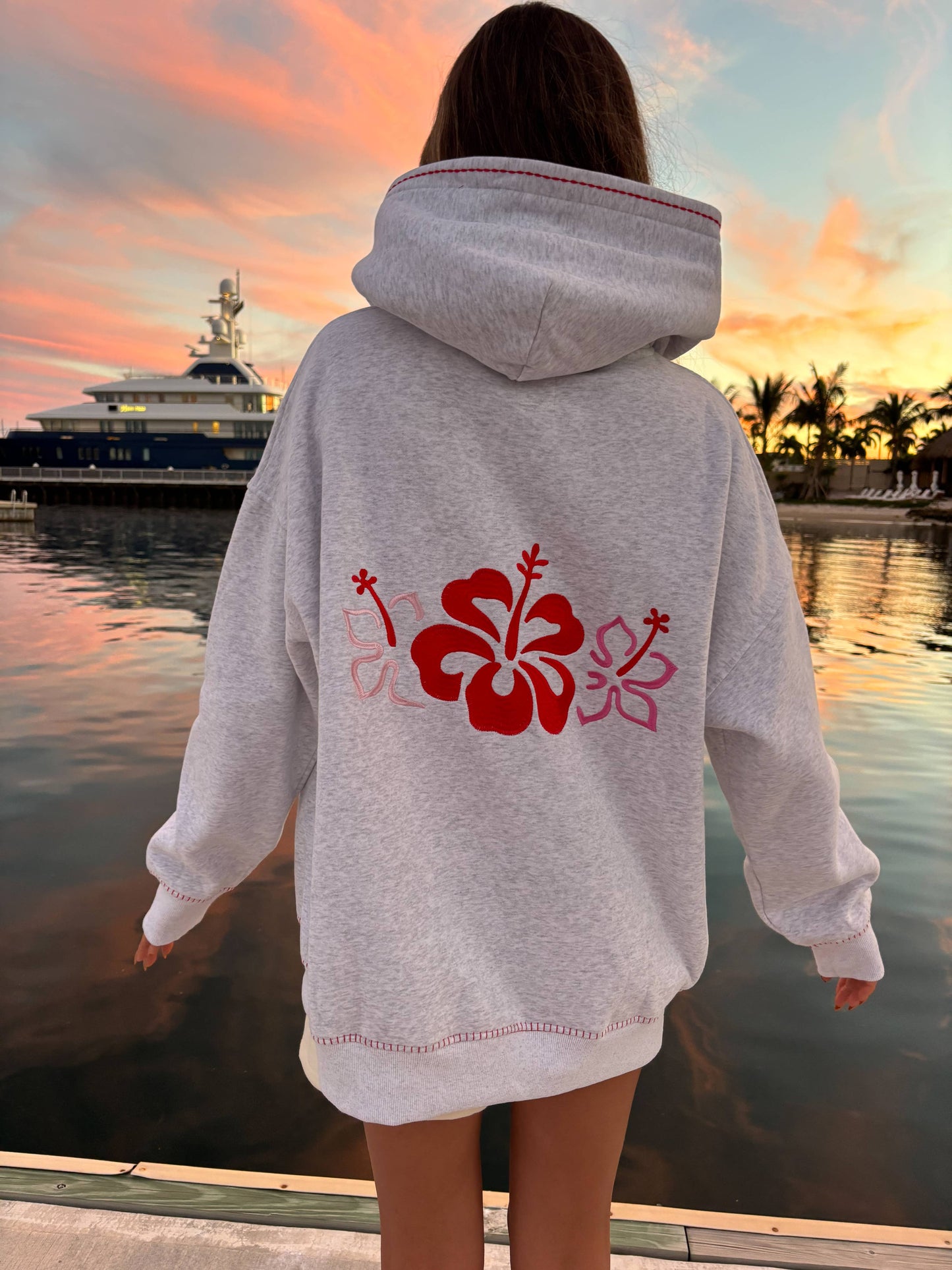 Pearl Grey Hibiscus Flowers Hoodie