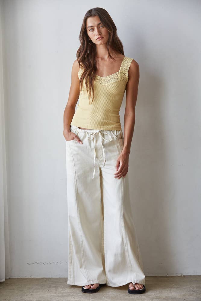 Knit Seamless Ribbed Tank Top with Lace Trim