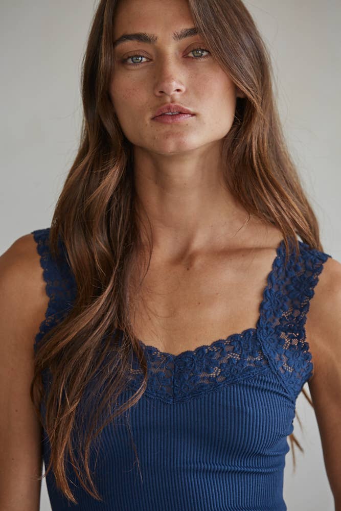 Knit Seamless Ribbed Tank Top with Lace Trim