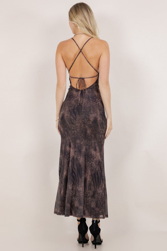 Animal Print Lace Contract Open Back Maxi Dress