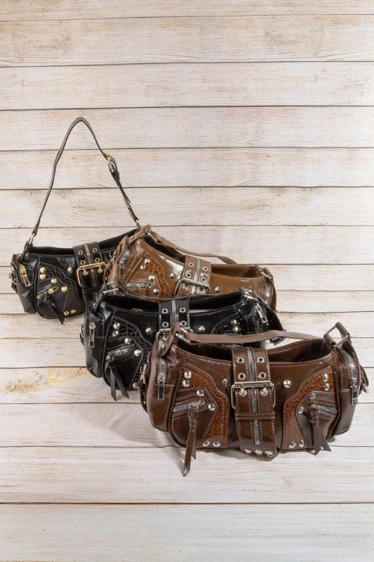 Rivet Detail Leather Shoulder Bag