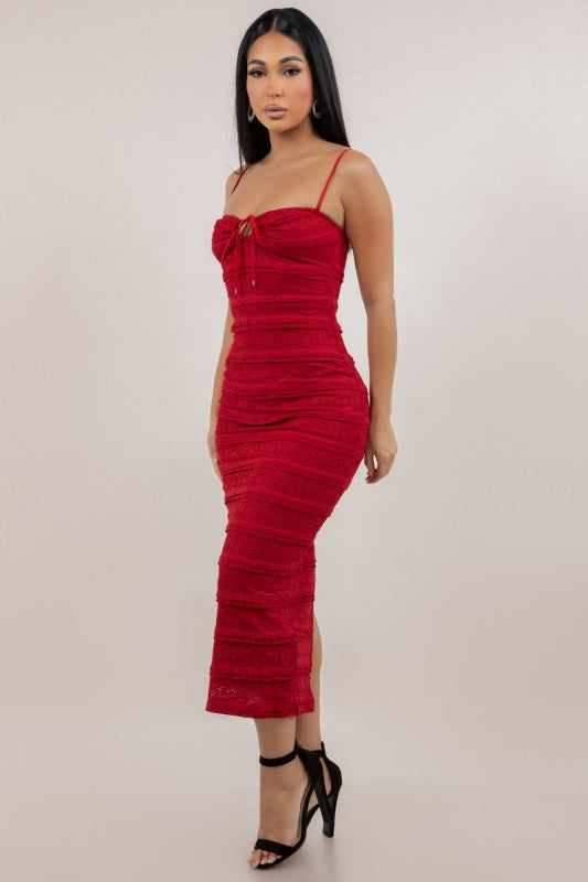 Red Ruched Bodycon Midi Dress