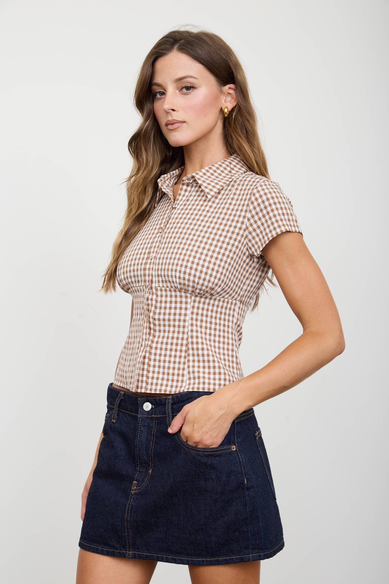 GINGHAM COLLARED SHORT SLEEVE TOP