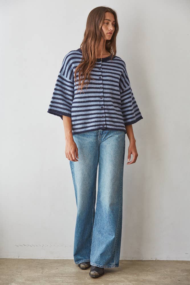 Knit Sweater Striped Quarter Sleeve Cardigan