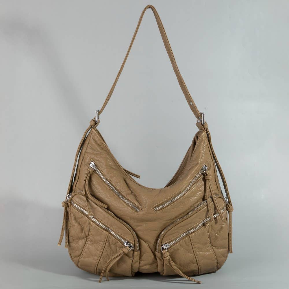 Multi Zipper Pocket Leather Hobo Bag