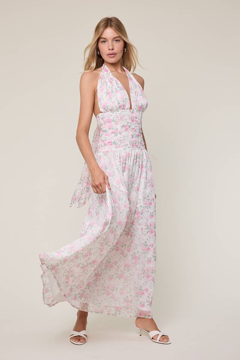 FLORAL CHIFFON HALTER MAXI DRESS