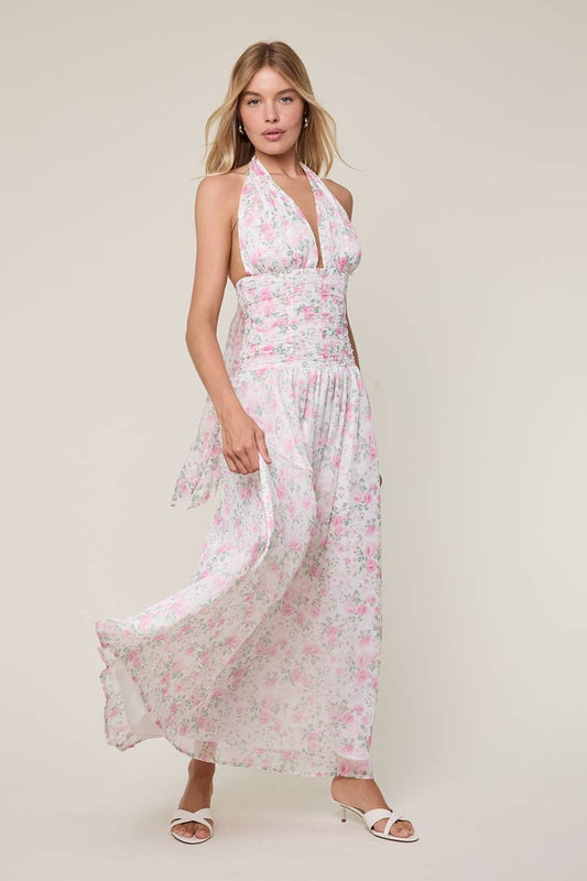 FLORAL CHIFFON HALTER MAXI DRESS
