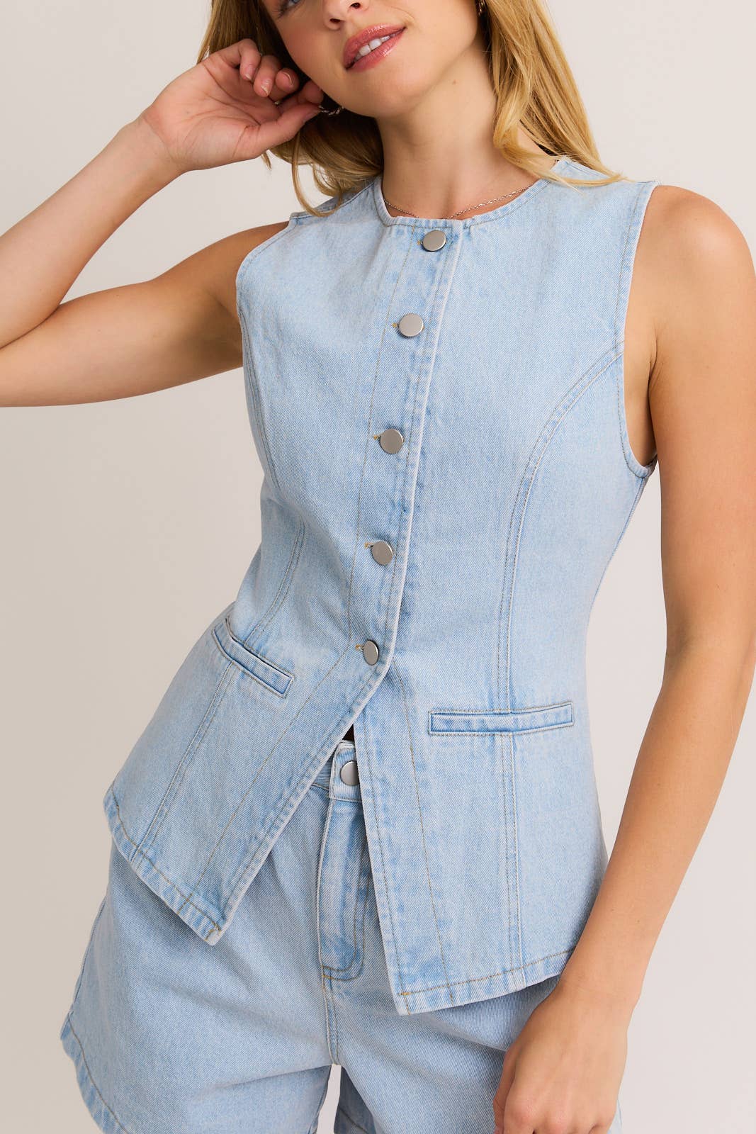 Button Front Sleeveless Light Denim Top