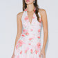 Floral Print Ruched Drop Waist Halter Mini Dress