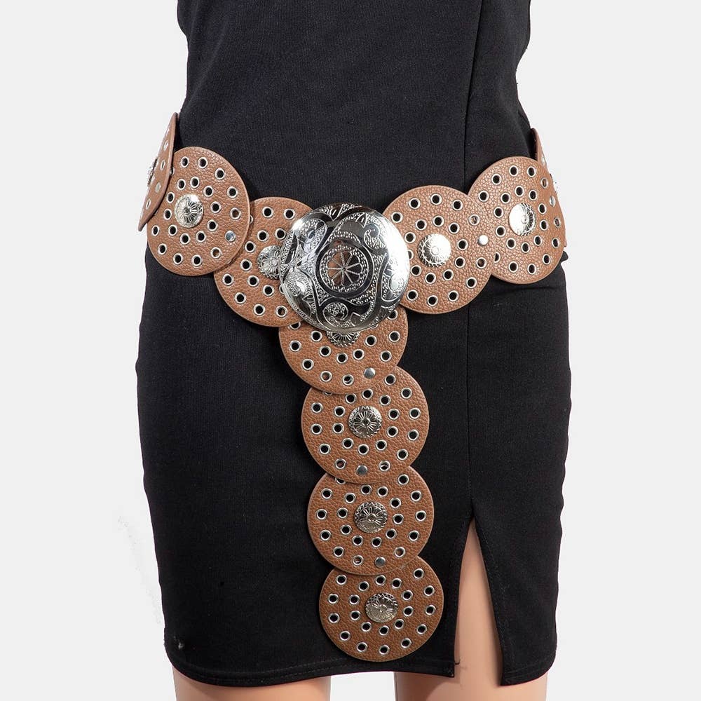 Faux Leather Grommet Disc Chain Belt