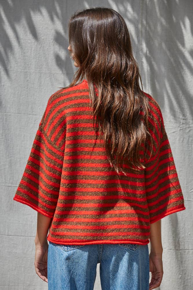 Knit Sweater Striped Quarter Sleeve Cardigan
