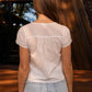 SCALLOPED EMBROIDERED FRONT TIE LACE TOP