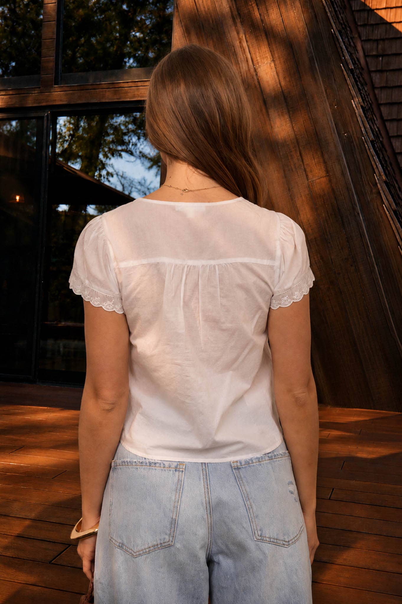 SCALLOPED EMBROIDERED FRONT TIE LACE TOP