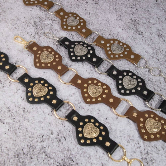 Filigree Heart Faux Leather Panels Chain Belt
