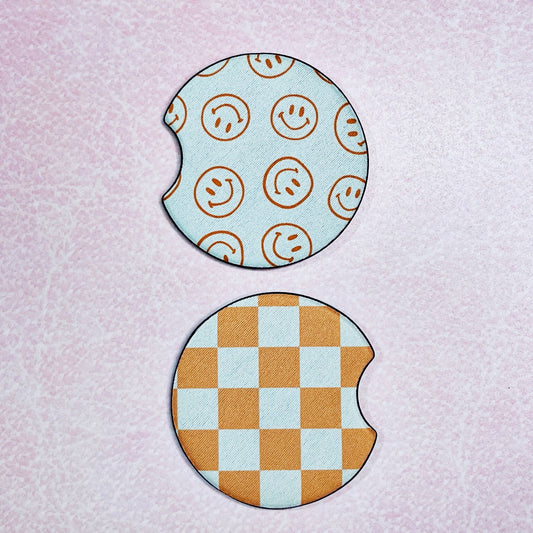 2 Car Coasters, Orange Happy Checkered Design