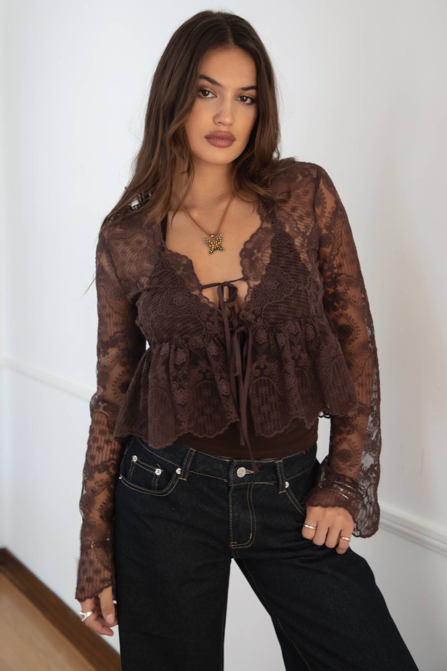 Crochet Embroidered Long Bell Sleeve Top