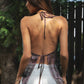ISOLA Scalloped Sequin Chiffon Open Back Halter Top