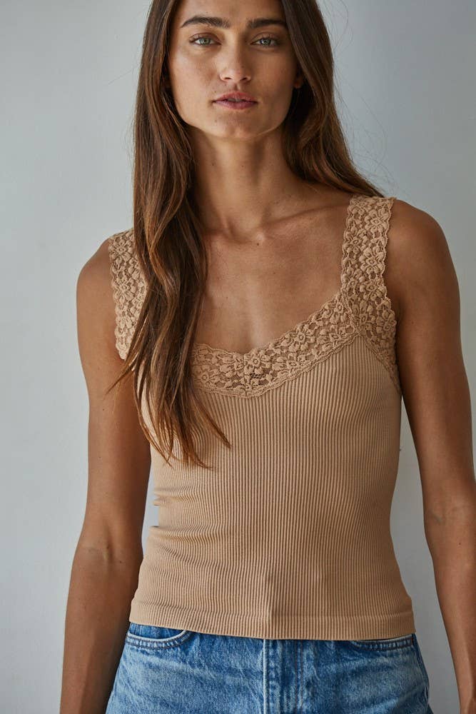 Knit Seamless Ribbed Tank Top with Lace Trim