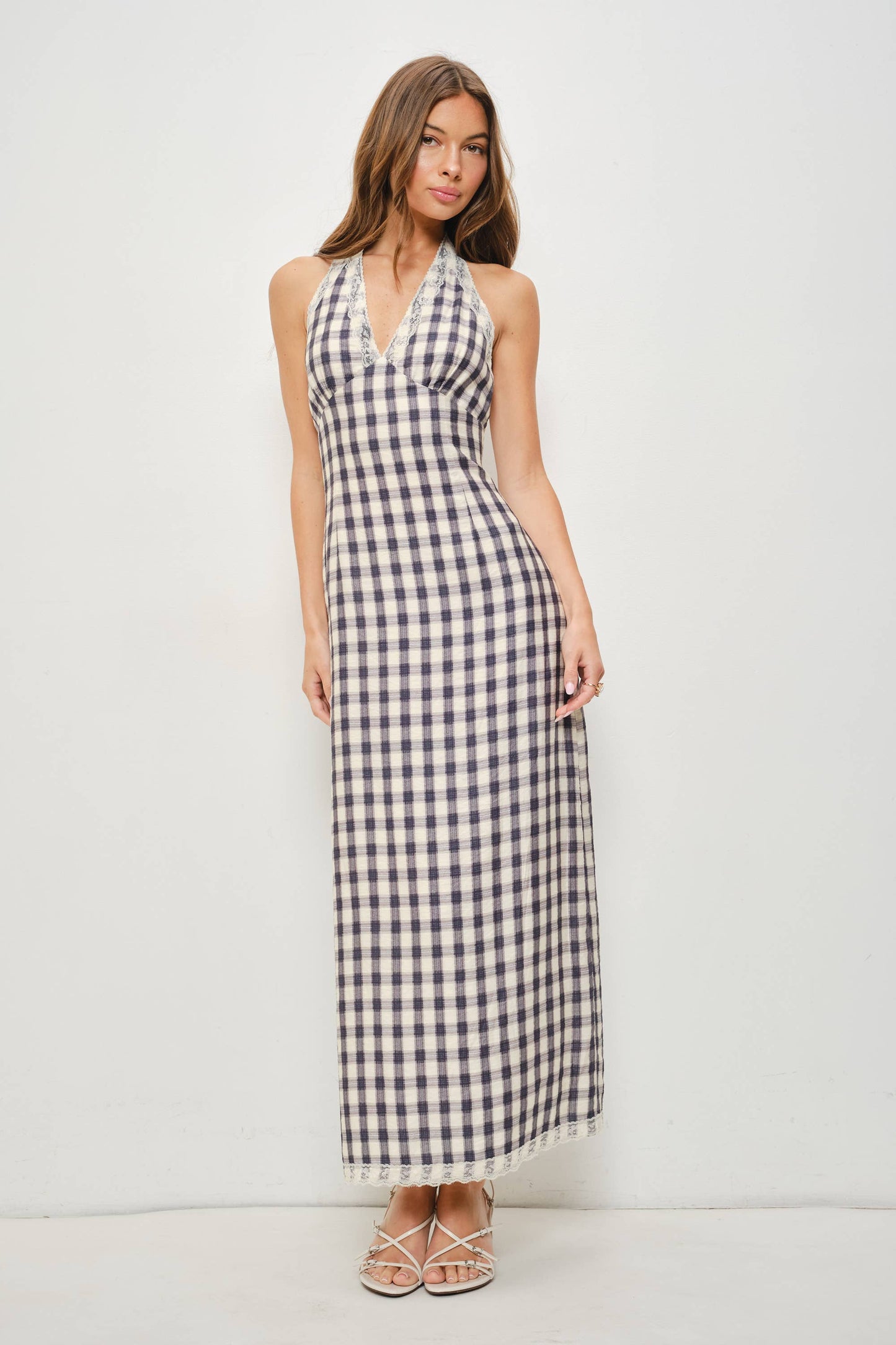 ILSA LACE TRIM PLAID MAXI DRESS