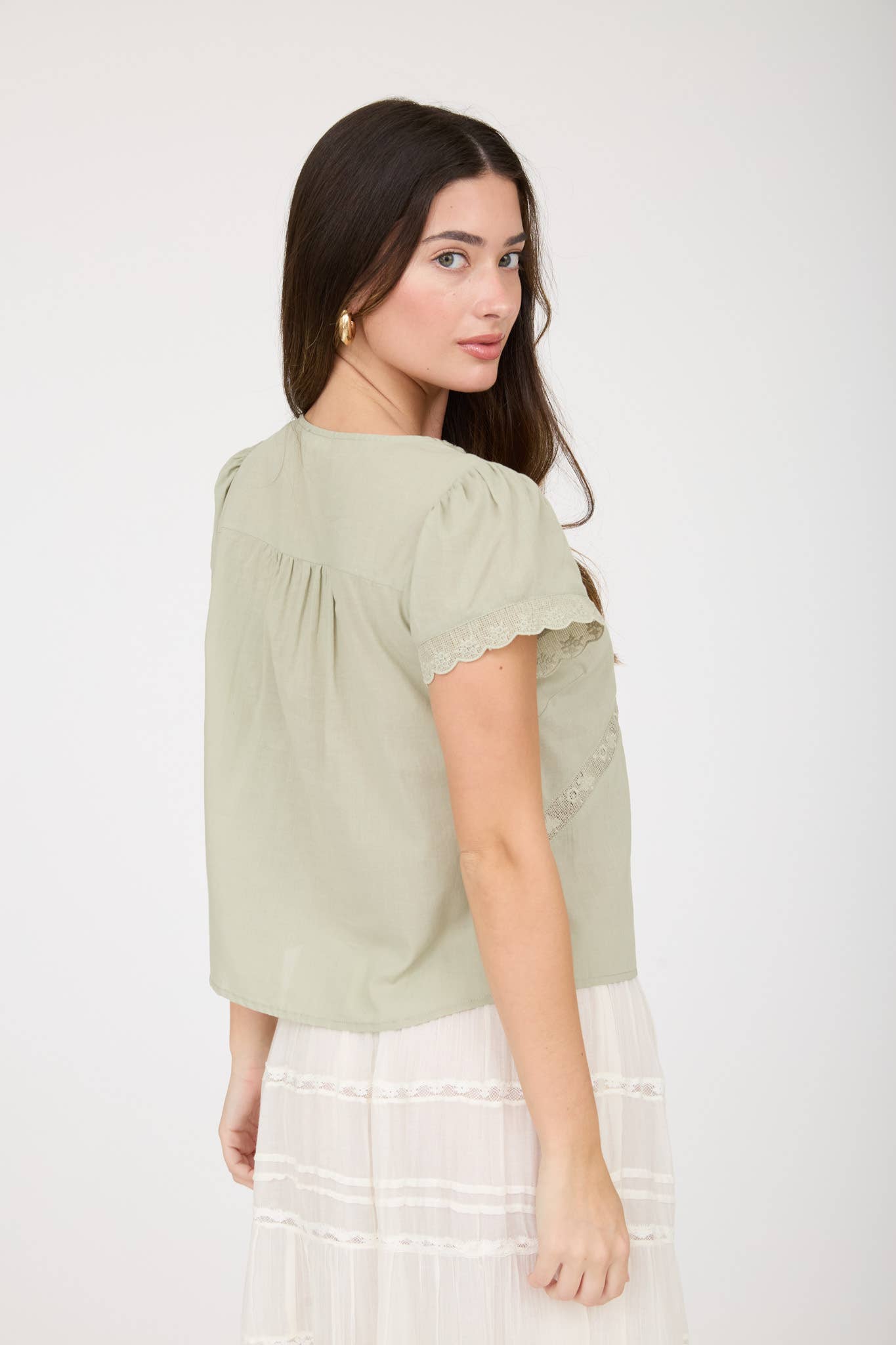 SCALLOPED EMBROIDERED FRONT TIE LACE TOP