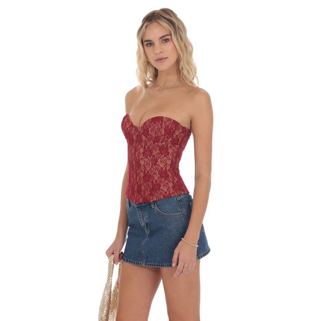 Strapless Lace Corset Top in Red and Tan