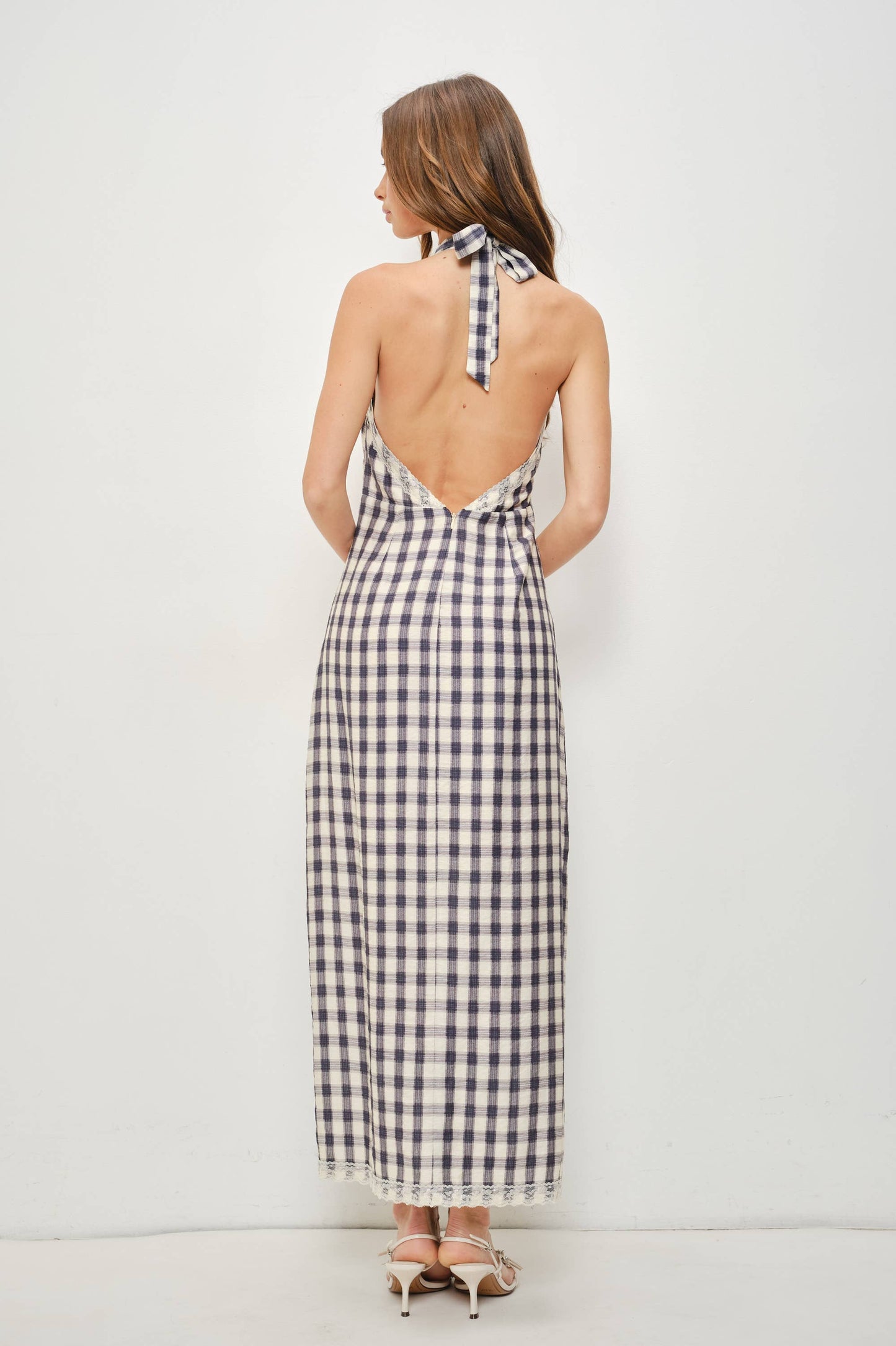 ILSA LACE TRIM PLAID MAXI DRESS