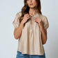 EMBROIDERED LACE TRIM PINTUCK DETAIL TOP