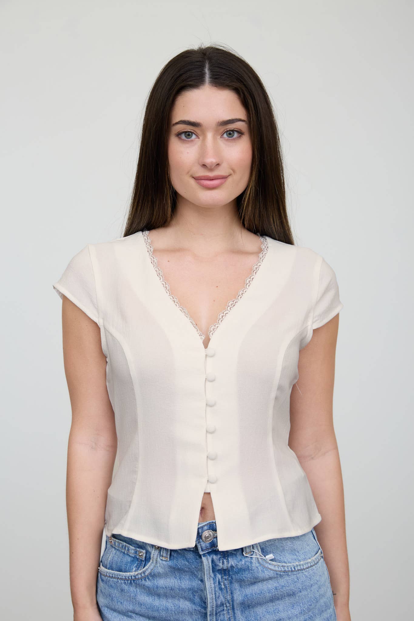 V NECK LACE TRIM BUTTON DOWN BLOUSE