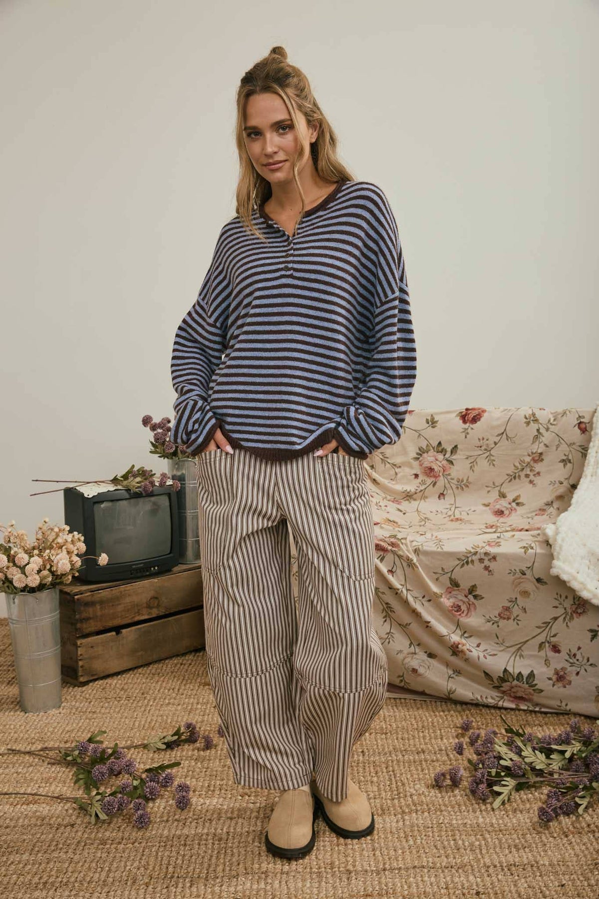 Henley Striped Sweater