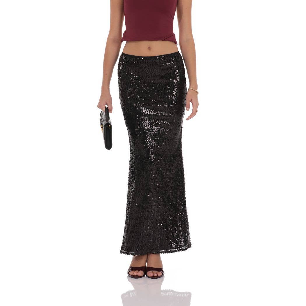 Sequin Maxi Skirt in Black