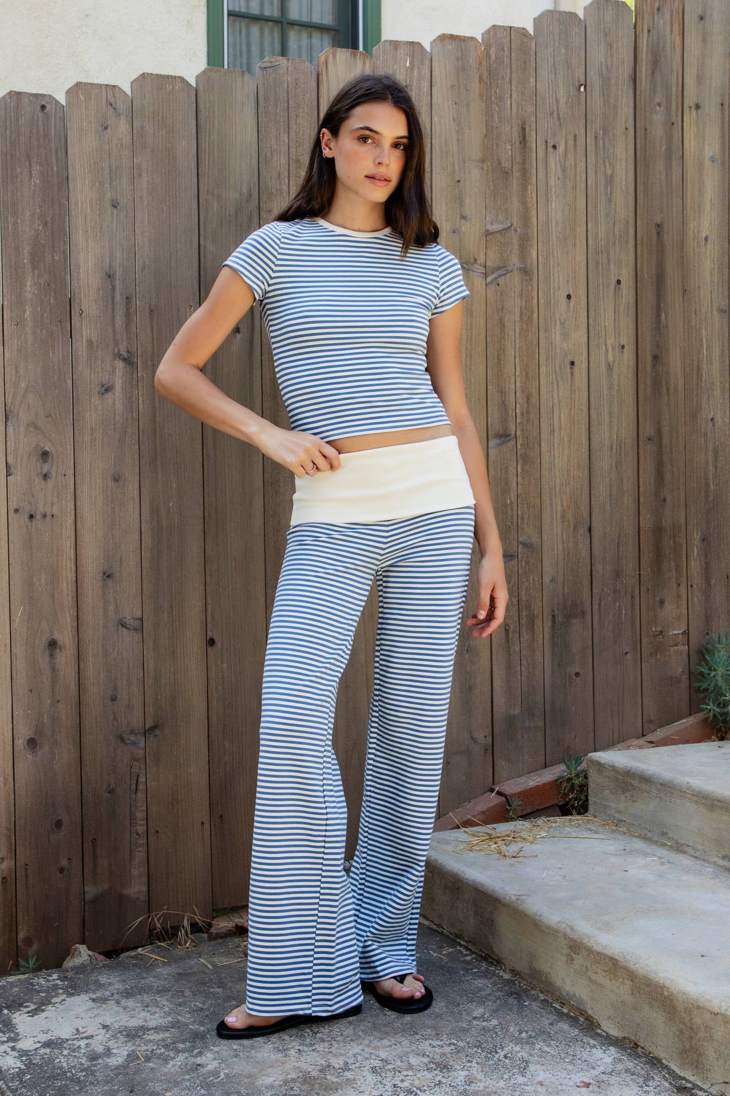 BRISA French Terry Stripe Foldover Pants