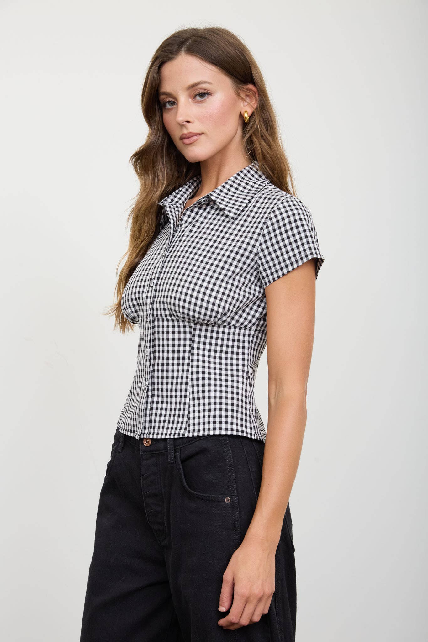 GINGHAM COLLARED SHORT SLEEVE TOP