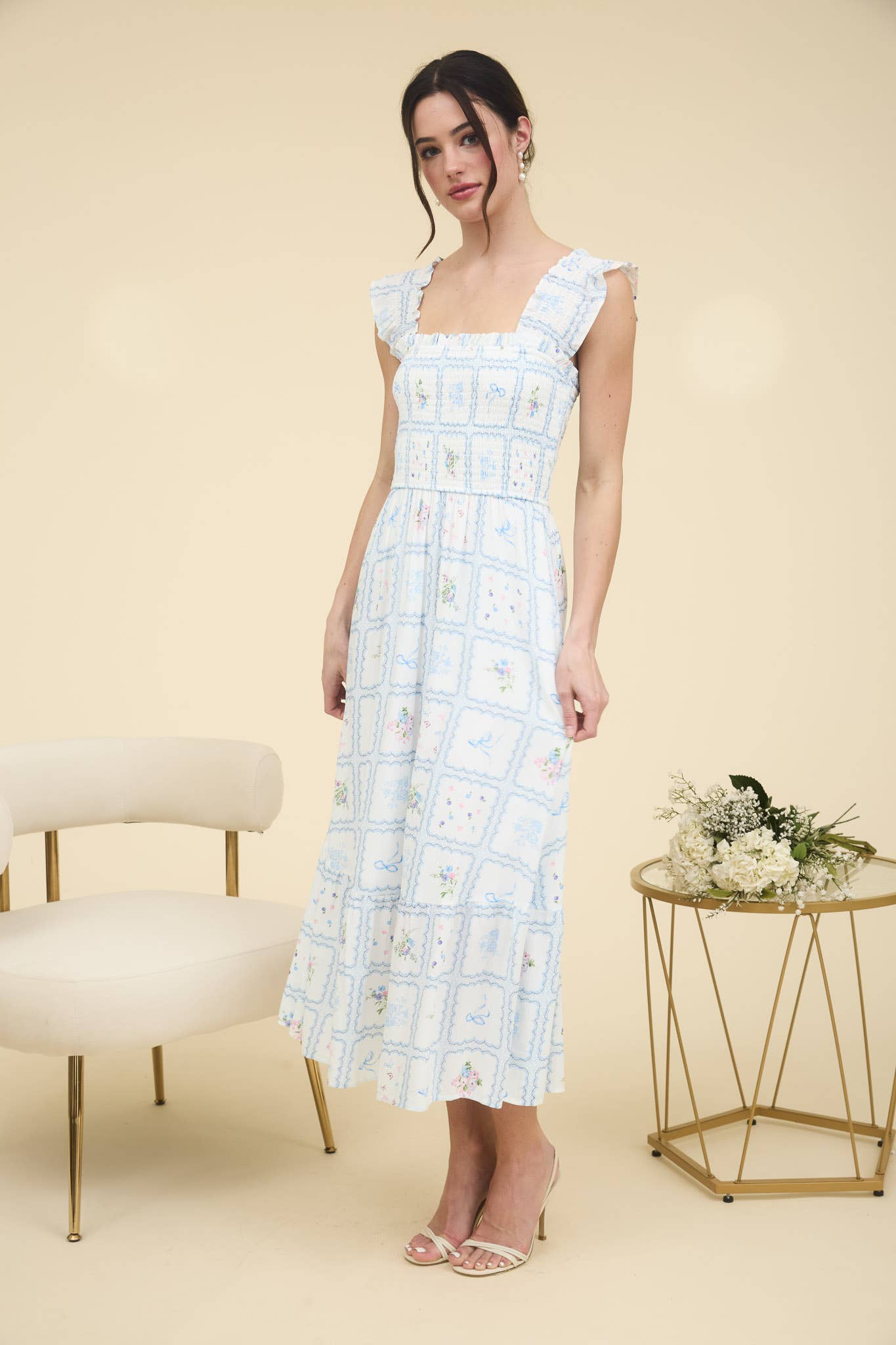 Blue Floral Square Neckline Dress