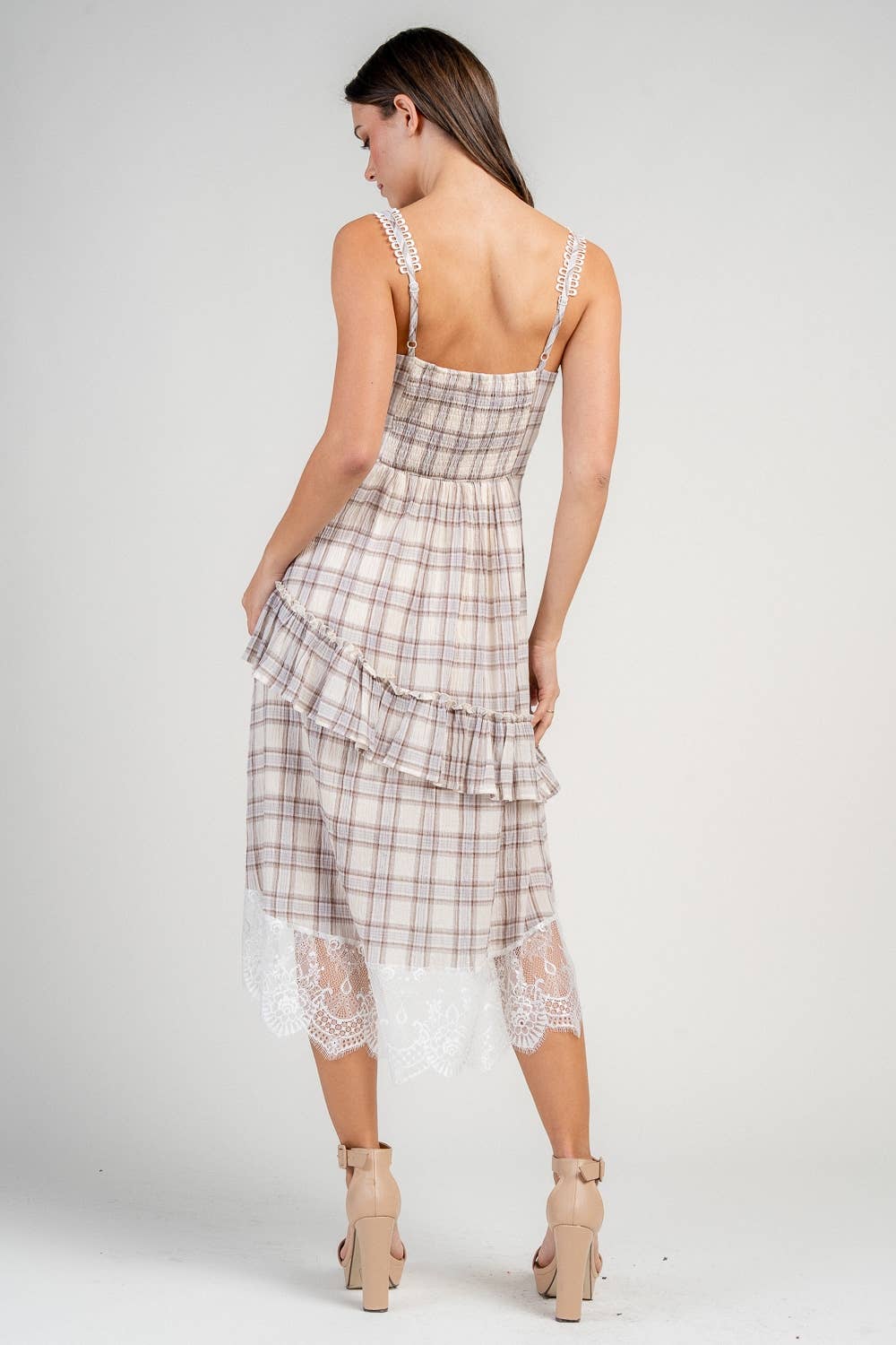 PLAID HEMMED LACE TRIMMED DRESS