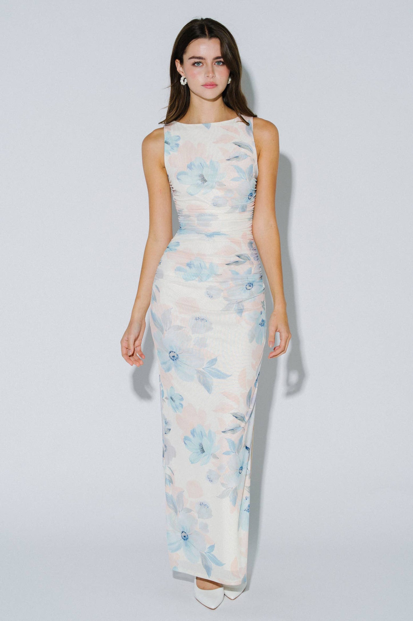 Ruched Floral Print Bodycon Maxi Dress