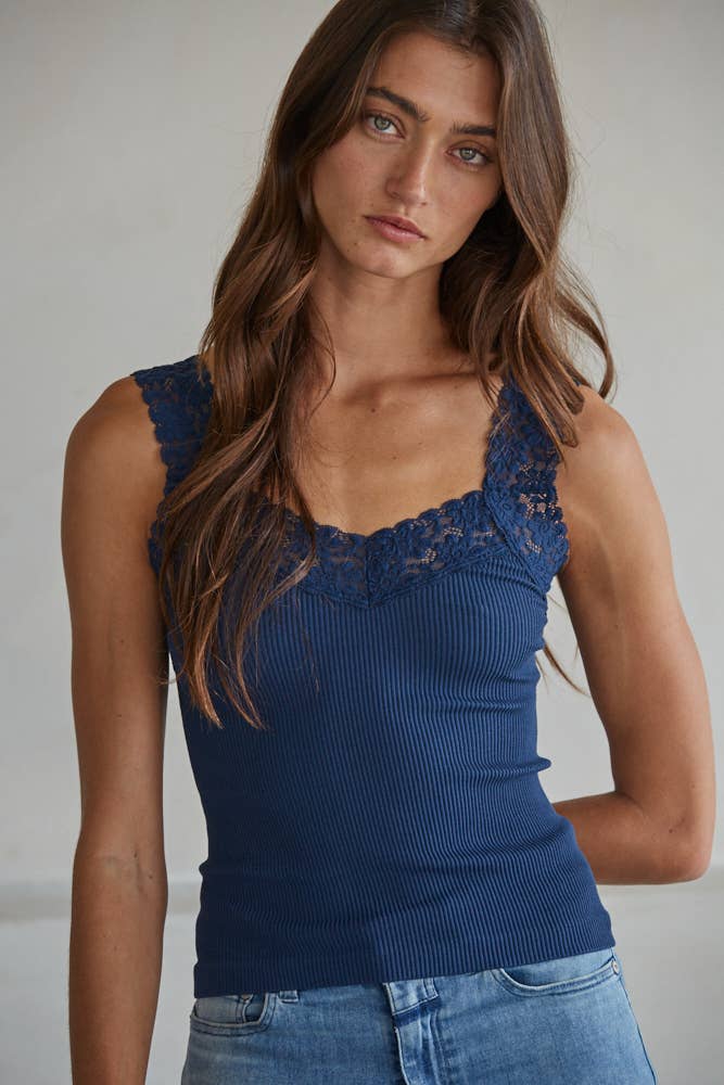 Knit Seamless Ribbed Tank Top with Lace Trim