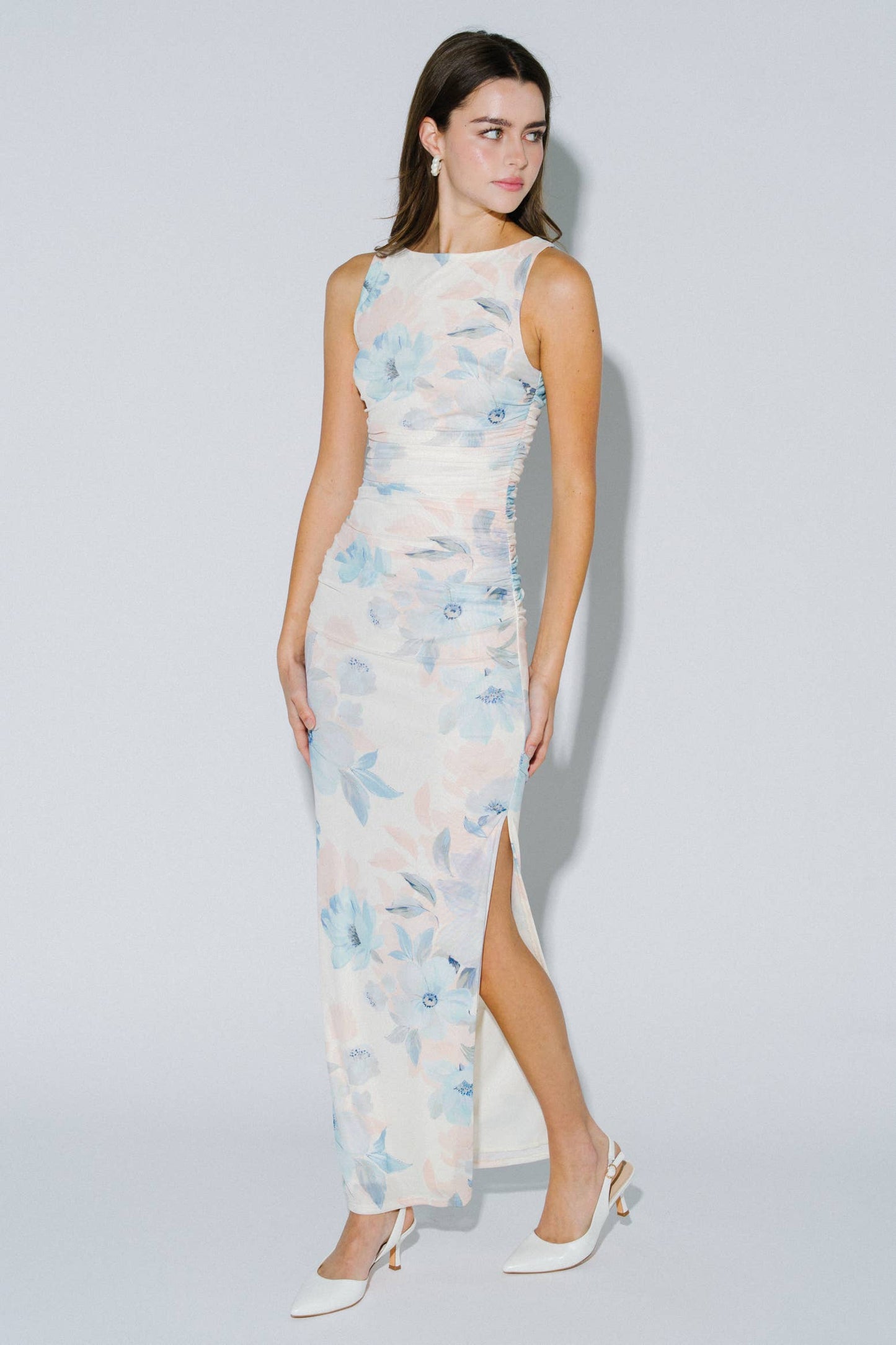 Ruched Floral Print Bodycon Maxi Dress