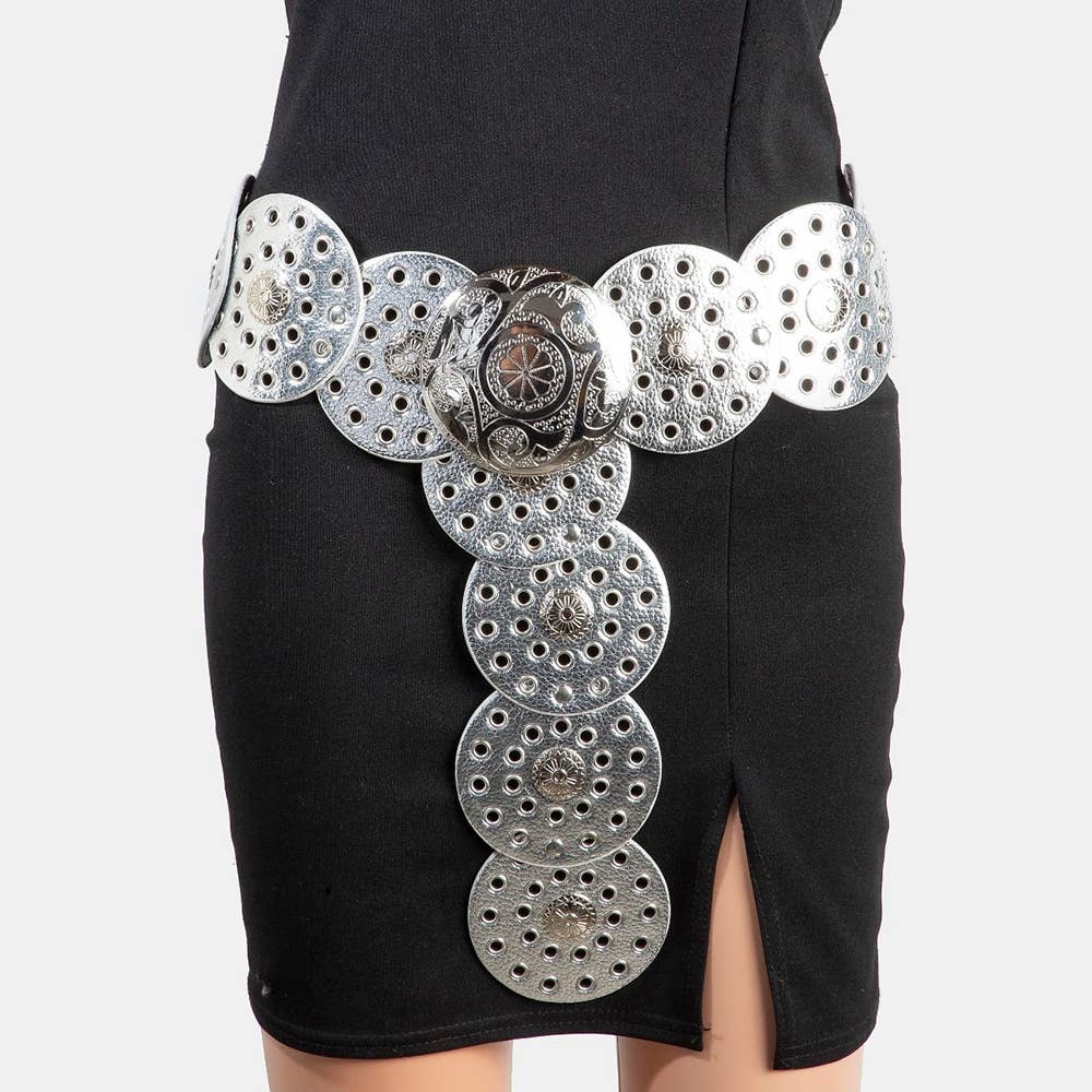 Faux Leather Grommet Disc Chain Belt