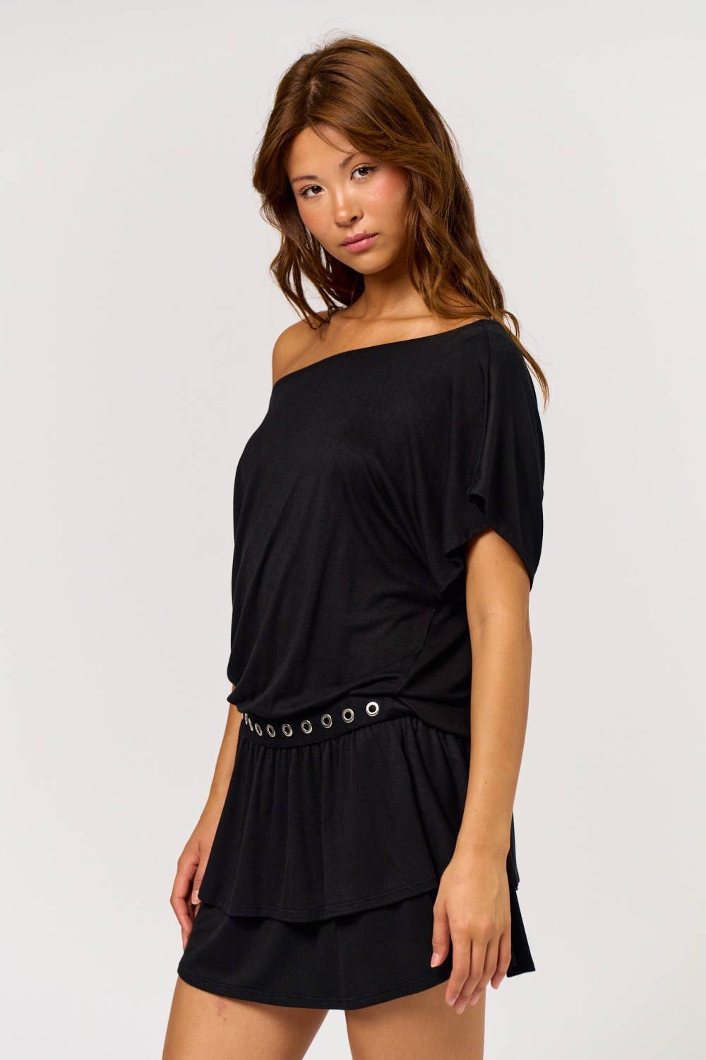 Bold Edge Metal Eyelet Boat Neck Mini Dress