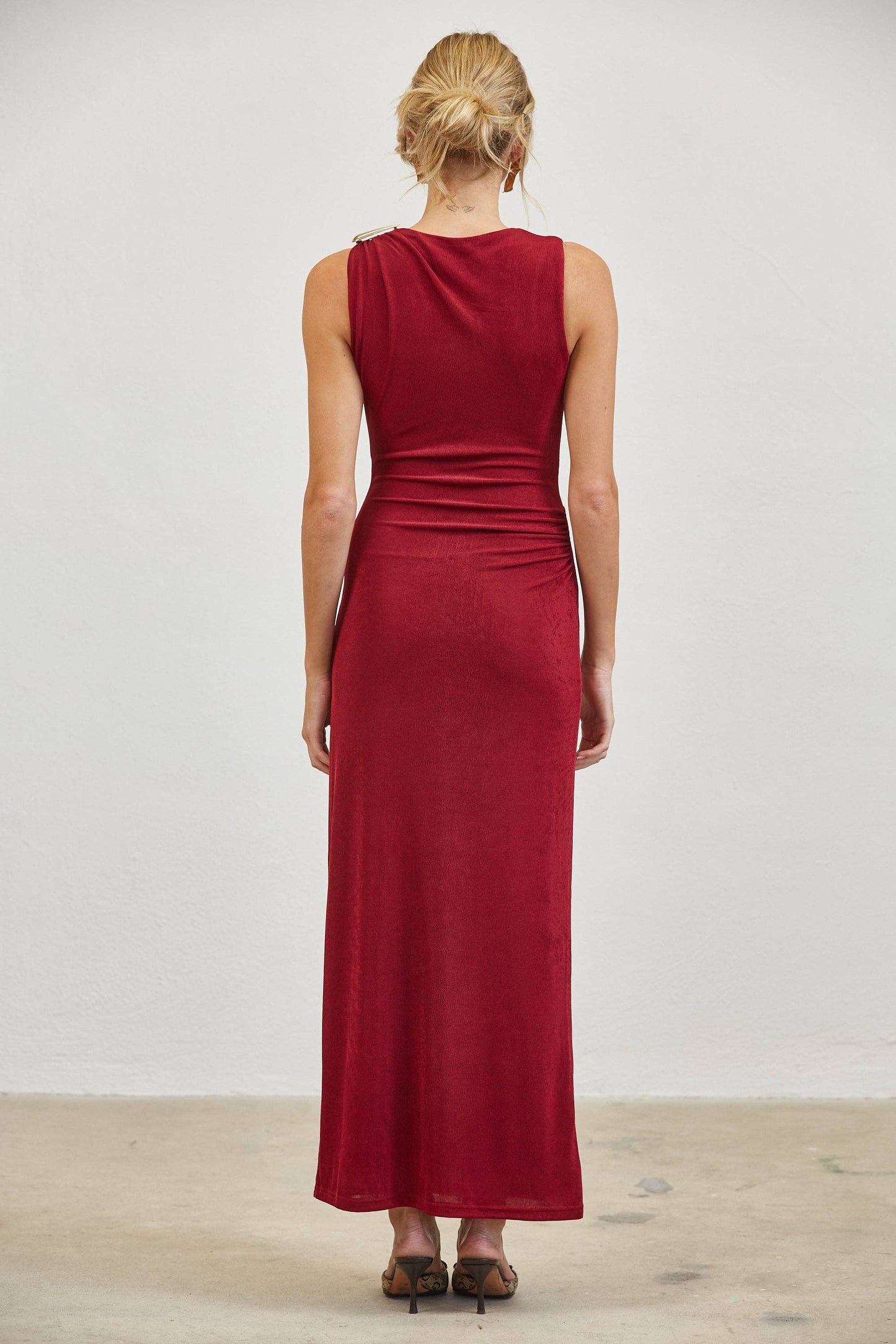 Gold Accent Ruched Slinky Maxi Dress