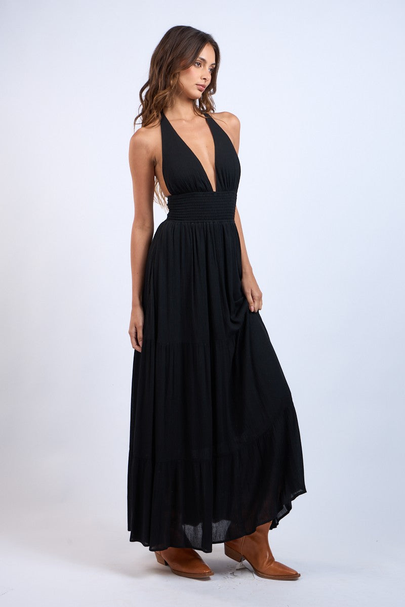 Halter Plunging V-Neck Maxi Dress