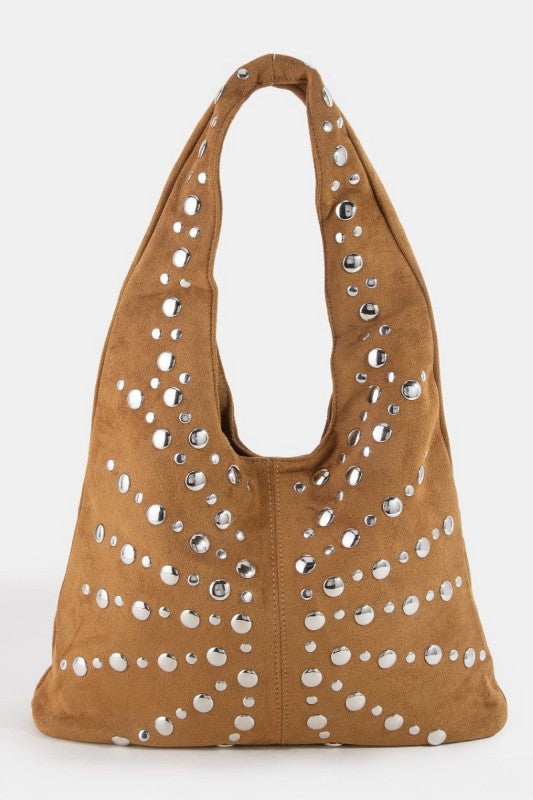 Grommet Studded Suede Shoulder Bag