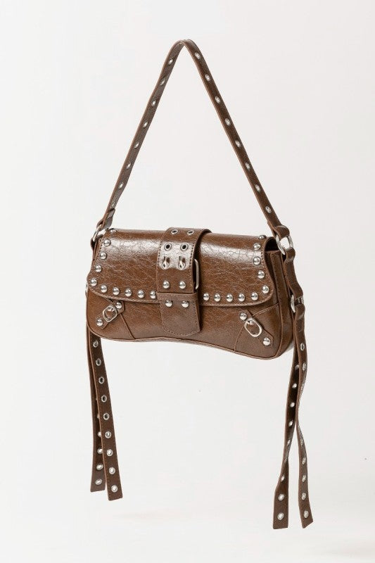 Glossy Leather Rivet Trim Shoulder Bag