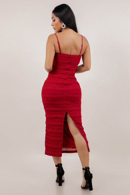 Red Ruched Bodycon Midi Dress