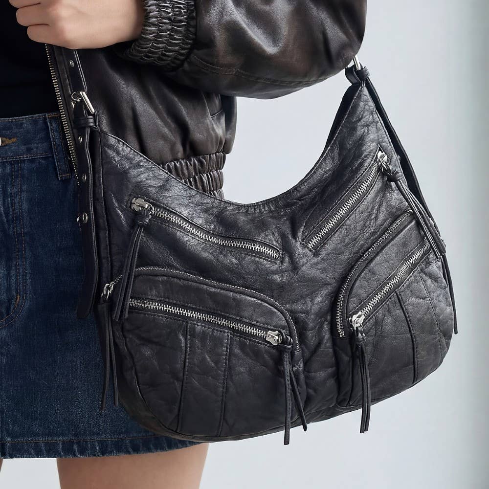 Multi Zipper Pocket Leather Hobo Bag