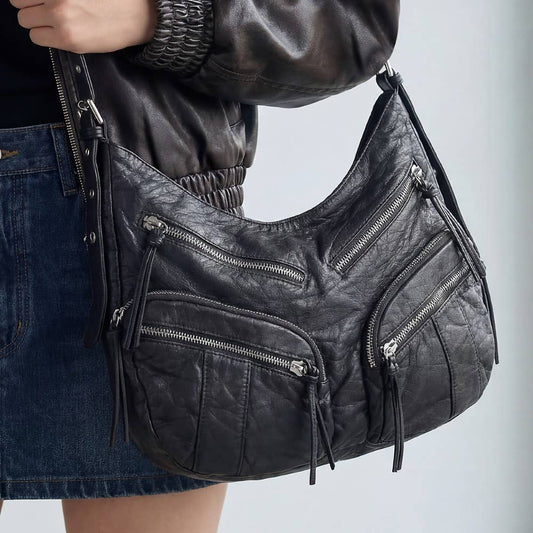Multi Zipper Pocket Leather Hobo Bag