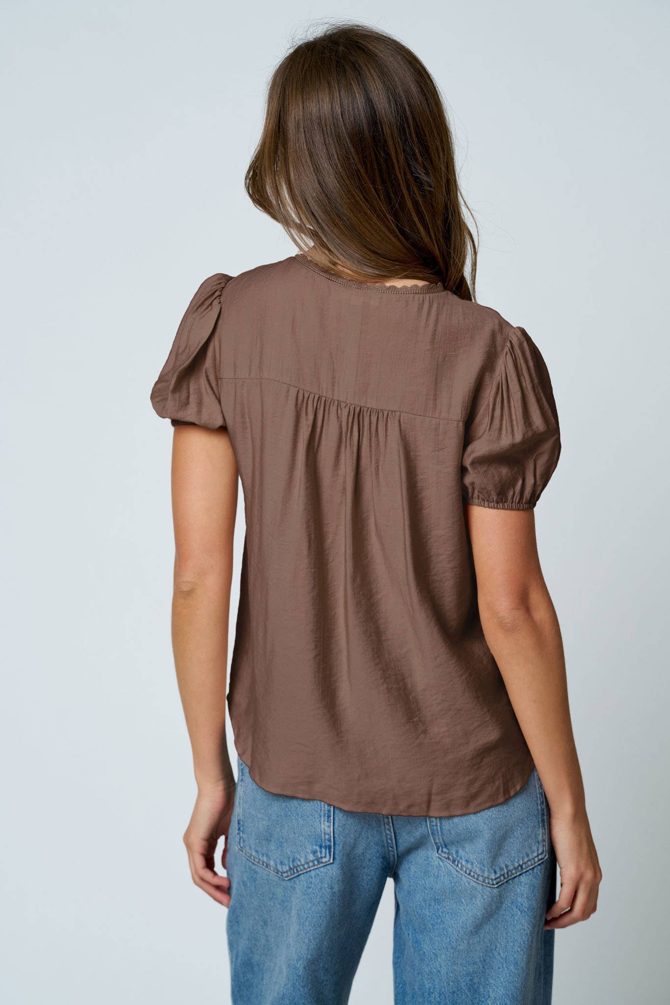 EMBROIDERED LACE TRIM PINTUCK DETAIL TOP