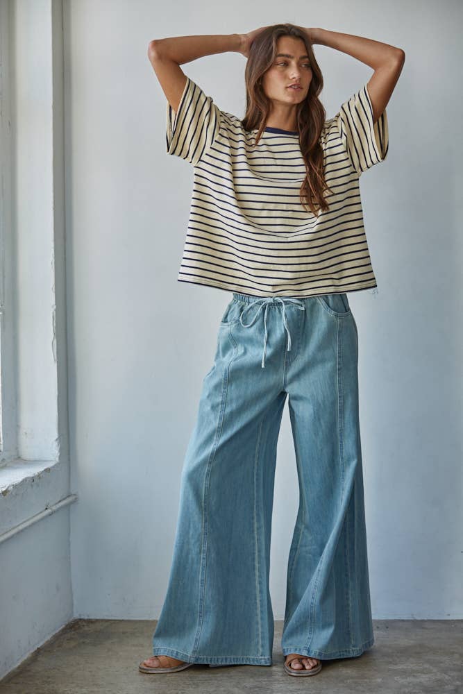 Cotton Striped Short Sleeve Crew Neck Top