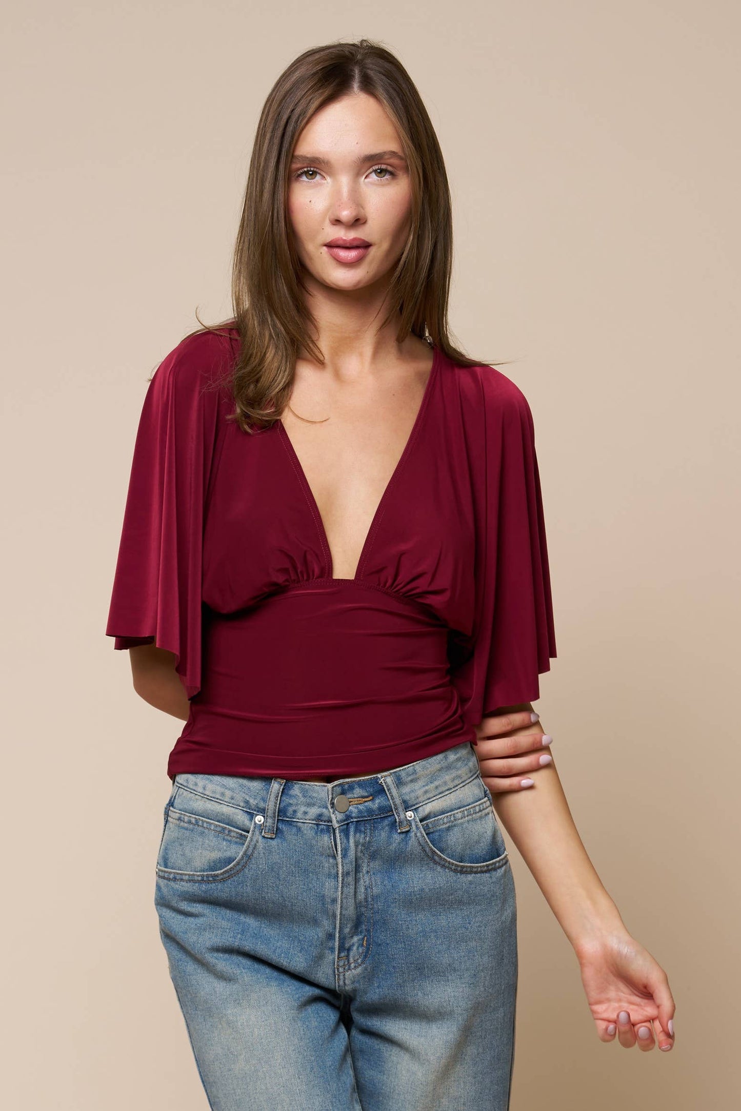 Plunging Short Sleeve Fitted Top