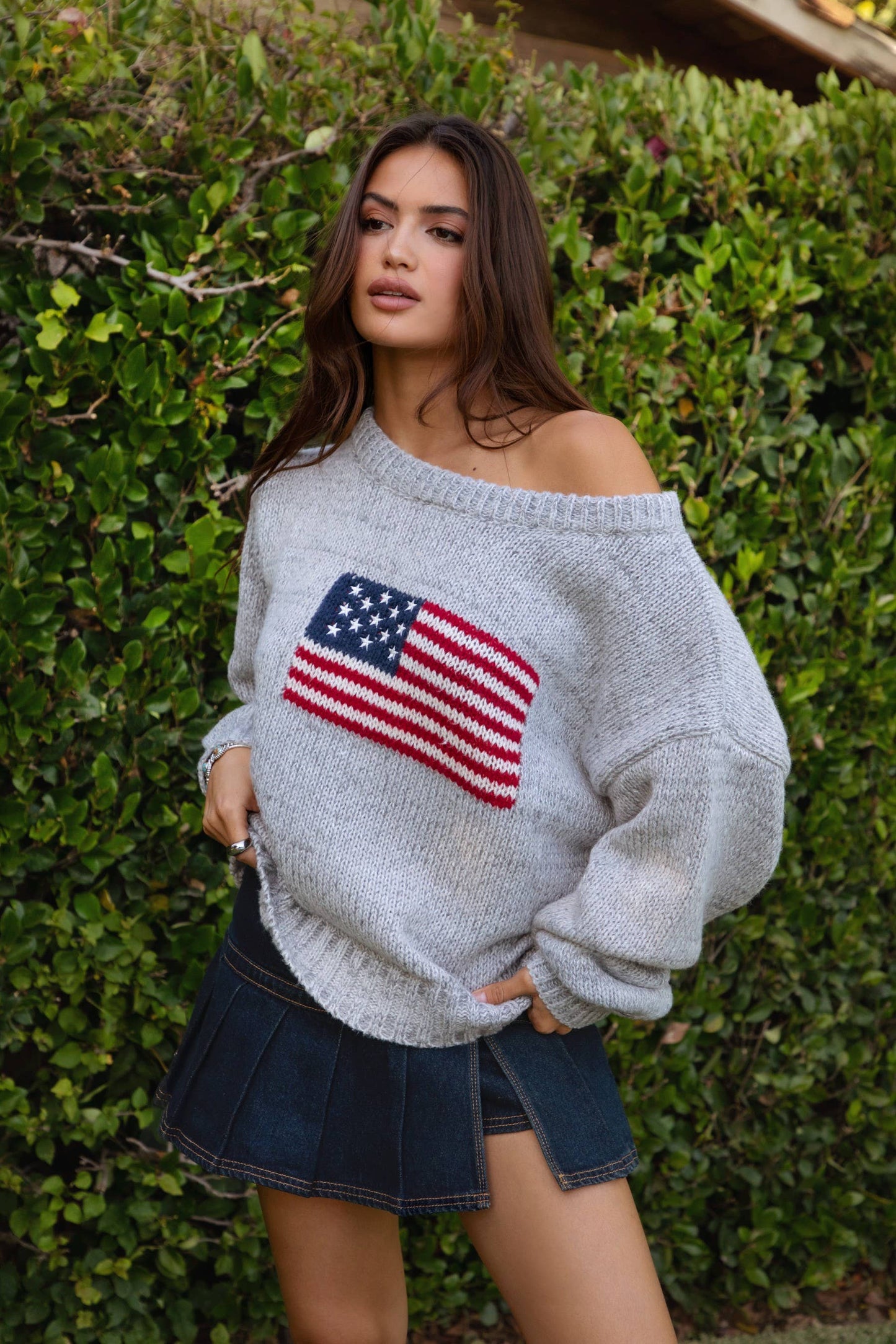 American Flag Knit Off The Shoulder Sweater